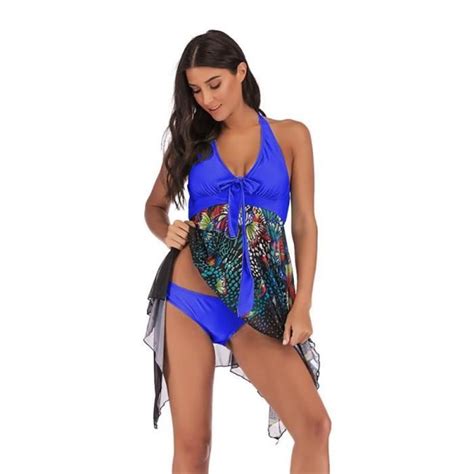 Maillot de bain Femme 2 pièces avec Jupette Sexy Grande Taille Bikini de Plage Bohême Bleu