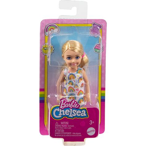 Mattel Barbie Chelsea Doll Blonde Wearing Rainbow Print Dress And Yellow Shoes Dwj Hgt