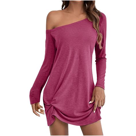 Munlar Womens Sun Dress Short Hot Pink Long Sleeve Asymmetrical Off The Shoulder Solid Mini