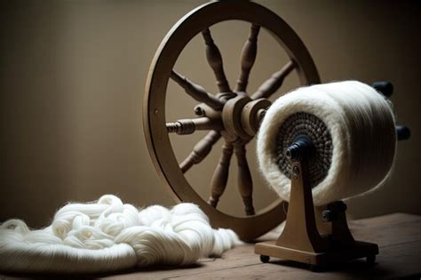 Premium Ai Image White Wool And A Spinning Wheel Sit On A Wooden