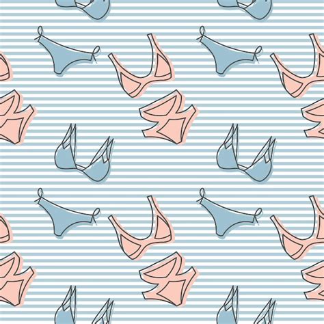 Traje de baño de bikini de mujer dibujado de patrones sin fisuras sobre un fondo rayado fondo de