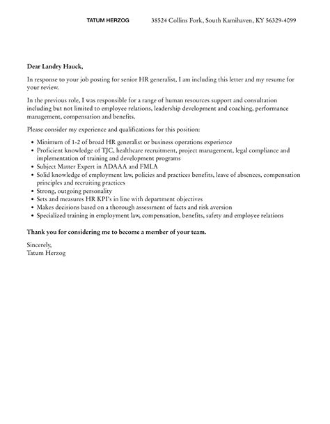 Senior Hr Generalist Cover Letter Velvet Jobs