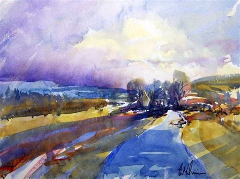 A Watercolor Painting Of A Country Road With Trees And Clouds In The