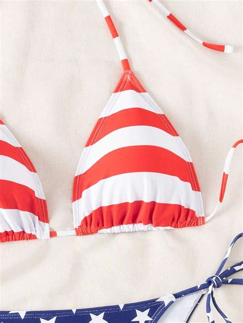 SHEIN Swim Women S American Flag Print Halter Tie Side Bikini Set Red