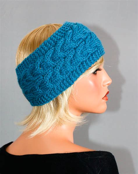 Hand Knitted Headband Ear Warmer Headband Wool Blue Women Etsy Hand