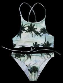 Coconut Palm Print High Neck Bikini COLORMIX Bikinis L ZAFUL