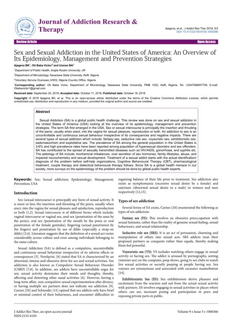 Pdf Sex And Sexual Addiction In The United States Of America An Overview Of Its Epidemiology