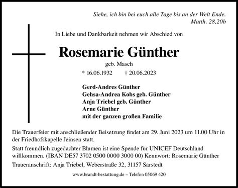 Traueranzeigen Von Rosemarie G Nther Trauer Anzeigen De