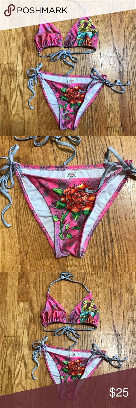 Ed Hardy Pink Rose Skull Bikini Piece Ed Hardy Bikinis Hardy