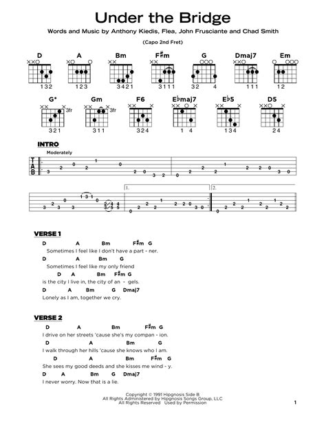 Under The Bridge By Red Hot Chili Peppers Sheet Music For Really Easy Guitar At Sheet Music Direct