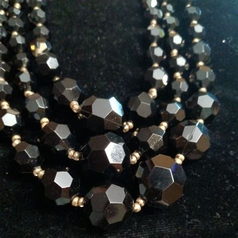 Black Bead Graduated Multi Strand Gold Necklace Chunk Gem