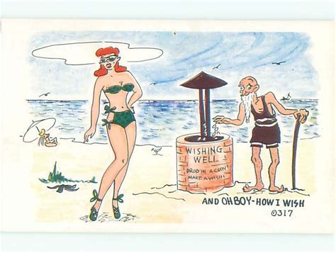 Pre Risque Comic Bikini Girl Beside Old Man At Wishing Well Ab Topics Risque