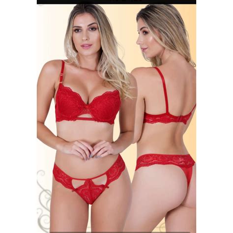 Lingerie Sensual Sexy em Renda Sutiã Bojo detalhes vazado Calcinha cavada fio dental Azul