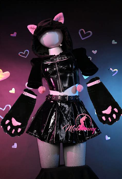 Women Sexy Lingerie Black Cat Hooded Top Skirt Set With Furry Paws And Stockings Ebay
