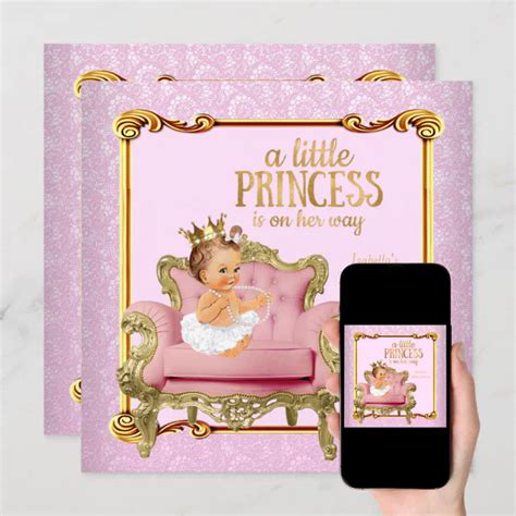Brunette Baby Princess Baby Shower Pink Gold Chair Invitation Zazzle