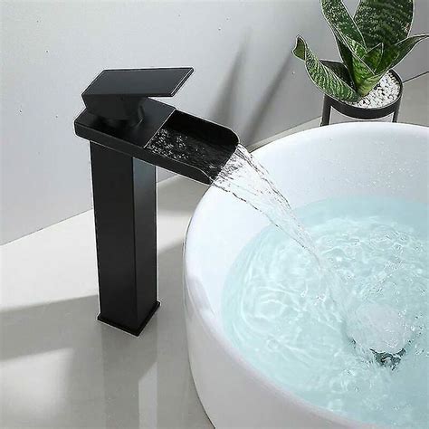 High Basin Waterfall Mixer Tap Matt Black Rectangular Hot Cold Adjustable Square Bathroom For