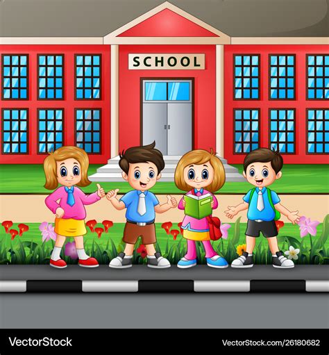 Happy student in front school building background Vector Image