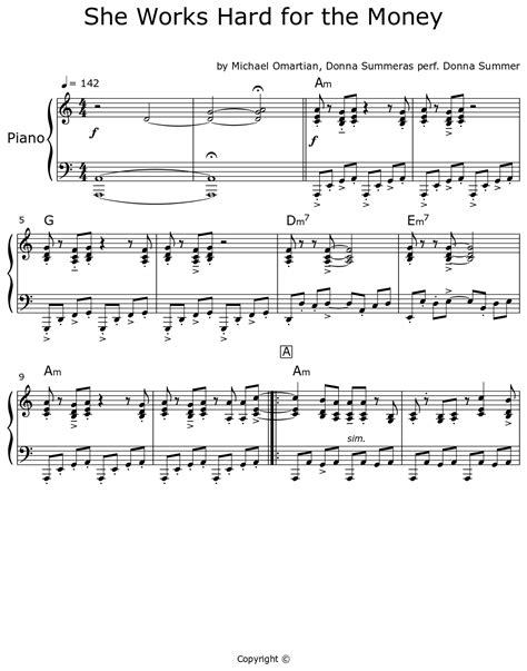 She Works Hard For The Money Sheet Music For Piano