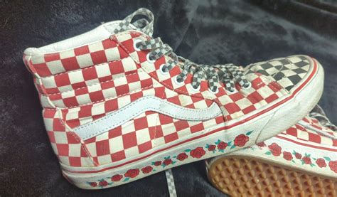 VANS High Top Checkerboard Red White Black w/ Roses … - Gem