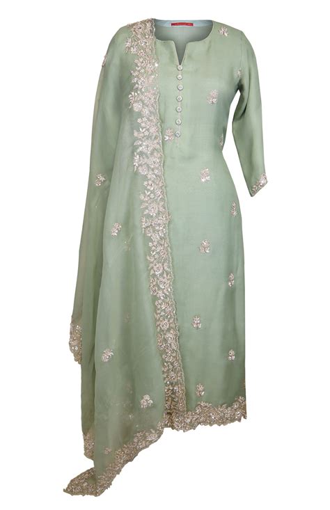 Sage Green Suit With Embroidered Dupatta Jasminum