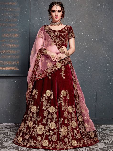 Buy Maroon Embroidered Velvet Bridal Lehenga Choli With Dupatta Online