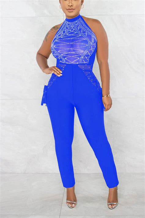Wholesale Blue Sexy Hot Drilling Sequined Halter Skinny Jumpsuits K Online