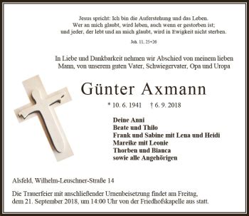 Traueranzeigen von Günter Axmann vrm trauer de