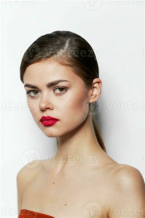 Woman With Red Lips Attractive Look Naked Shoulders Cropped View