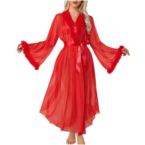 Women Sexy Feathers Collar Perspective Sheer Long Lingerie Robe Nightgown Bathrobe Pajamas