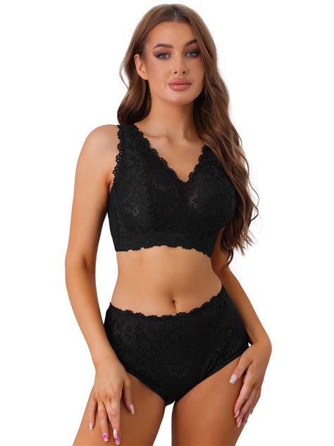 Unique Bargains Women S Lace Bra And Panty Sets Wire Free Bras Lingerie Set Black C Walmart