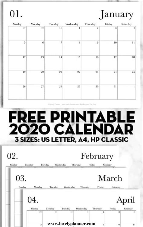 2020 Calendar Printable Free Printable 2020 Monthly Calendar