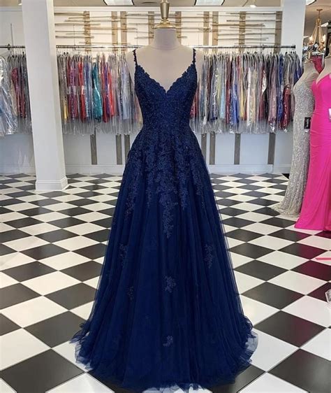 Navy Blue A Line V Neck Floor Length Chiffon Prom Dresses With Lace