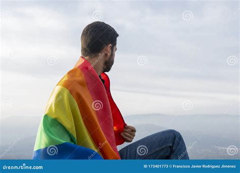 Homem Sentado Uma Bandeira Gay Olhando Para O Horizonte Imagem De Stock Imagem De Poderoso