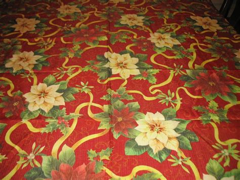 Christmas Tablecloth 53 X 70 Red Poinsettias Holly Gold Ribbon Hemmed Edges Ebay