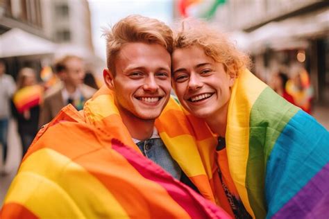 Casal Gay Durante O Dia Do Orgulho A Bandeira Do Arco Ris Lgbtq Foto Premium