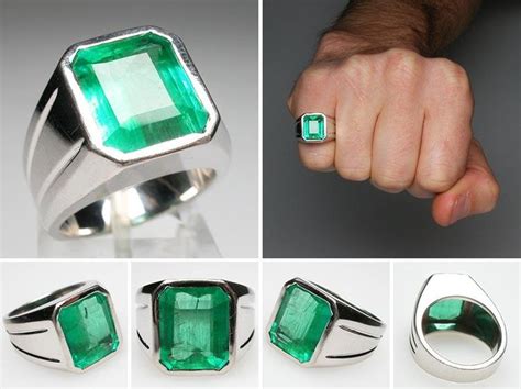 Vintage Mens Natural Emerald Ring Solid 14k White Gold Eragem Natural Emerald Rings Rings