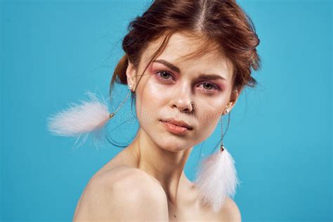 Beautiful Woman Glamor Nude Shoulders Earrings Luxury Close Up Blue