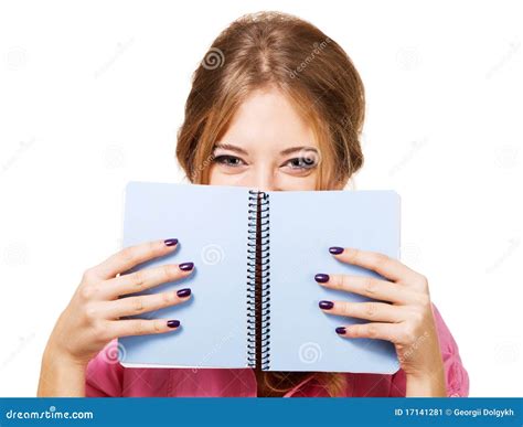 Lovely Girl Hiding Behind Notebook Stock Image Image Of Face