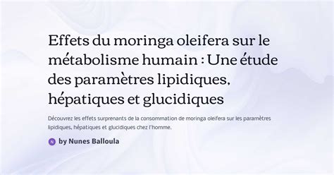 Effets Du Moringa Oleifera Sur Le M Tabolisme Humain Une Tude Des