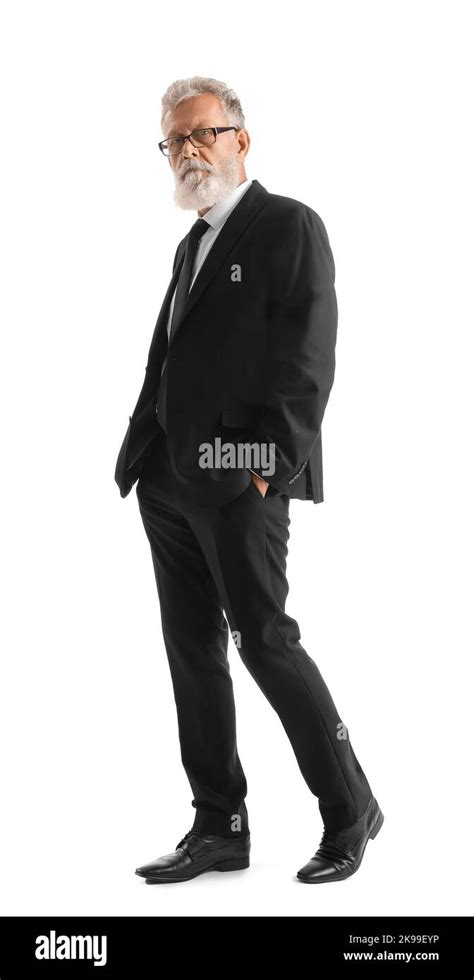 Senior Bearded Man In Eyeglasses And Black Suit On White Background