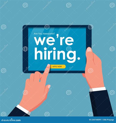 We are Hiring Online Concept. Hand Holding Tablet and Push Button Apply