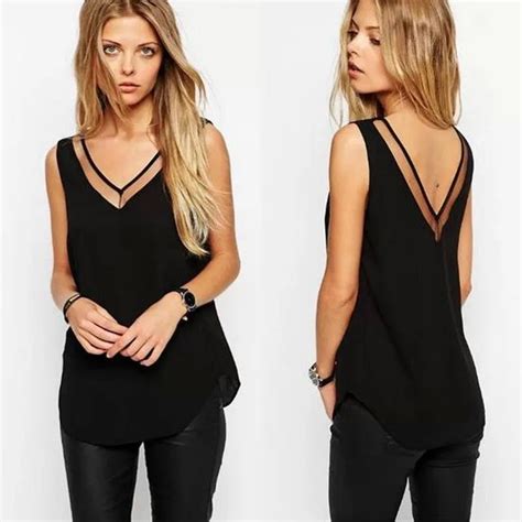 Chiffon Mesh Spliced Womens Tops And Blouses Sexy V Neck Sleeveless