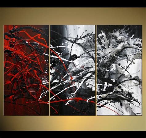 three abstract paintings in black, white and red