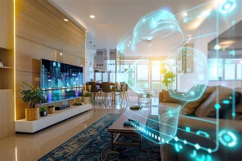 Modern Living Room With Smart Home Technology and Cityscape Television ...