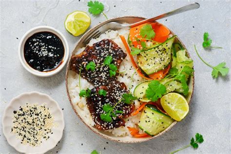 Rice Bowl With Teriyaki Fish Fillet And Fresh Crispy Vegetablestop