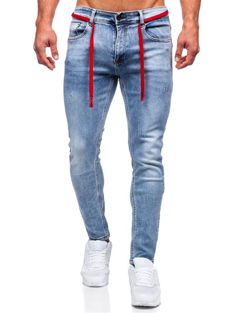 Niebieskie spodnie jeansowe męskie skinny fit Denley KX555 1