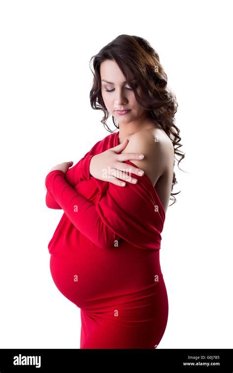 Elegant Pregnant Brunette Posing In Red Dress Stock Photo Alamy