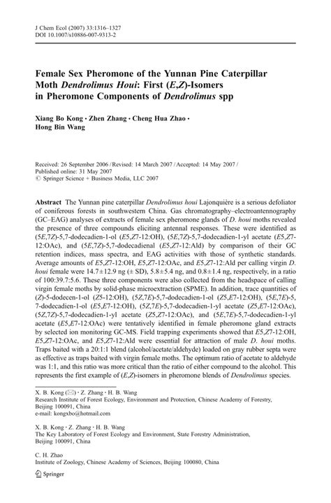 PDF Female Sex Pheromone Of The Yunnan Pine Caterpillar Moth Dendrolimus Houi First E Z