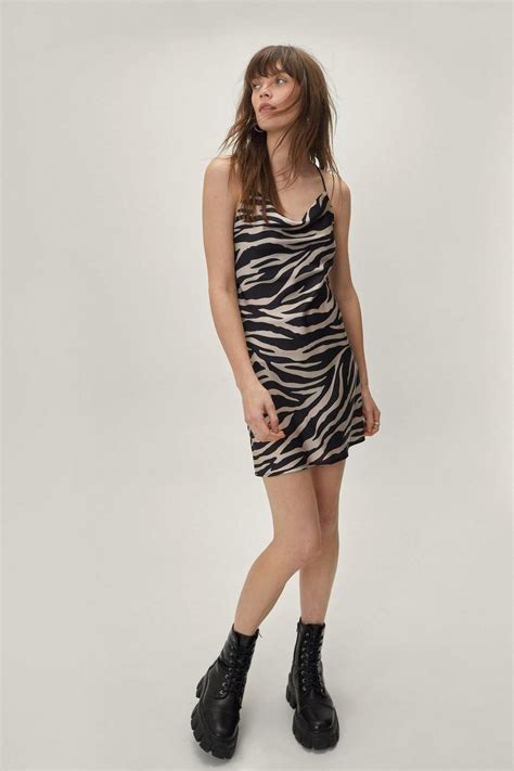 Zebra Print Satin Cowl Slip Dress Boohoo Uk