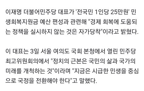 이재명 전국민 25만원 민생회복지원금 반드시 추진해야다시 부탁 정치시사 에펨코리아